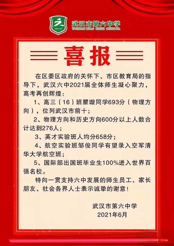 武汉中考冲刺|武汉六中最新全面解读！高考成绩、中考招生情况大盘点！