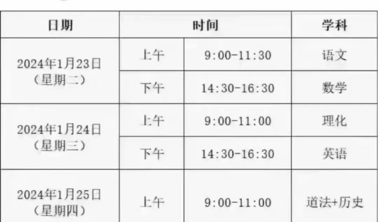 2024届武汉初三元调各科目考试时间安排出炉